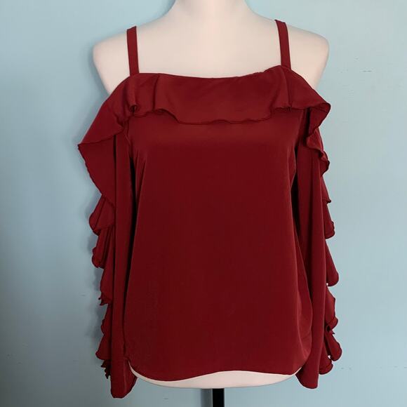 H&M Burgundy Ruffle Cold Shoulder Top Size 4 - Picture 2 of 9